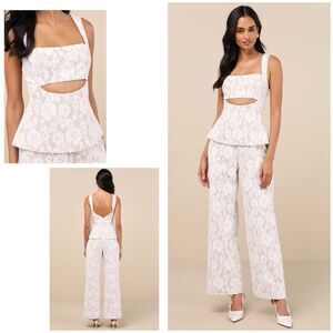 Lulus Ellis Jumpsuit Women's L White Beige Cutout Sleeveless NWOT